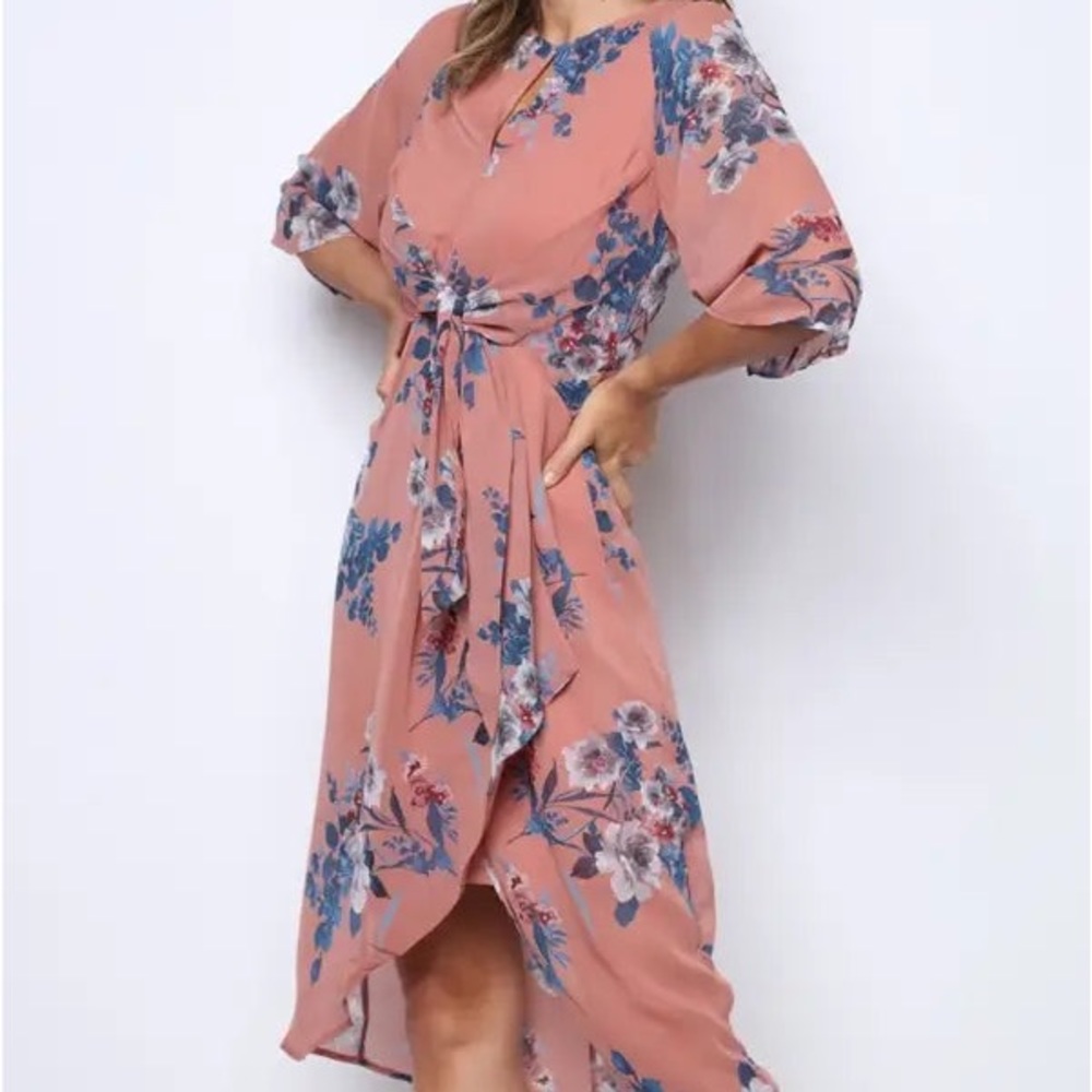 MAUVE BLUE VINTAGE FLORAL PRINT SURPLICE MIDI DRESS